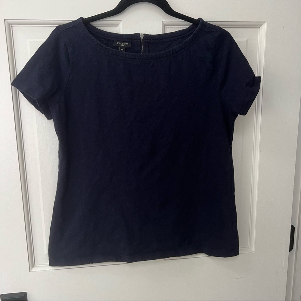 Talbots Navy Tee Shirt with Back Zip Detail - Petite Medium - Preowned EUC